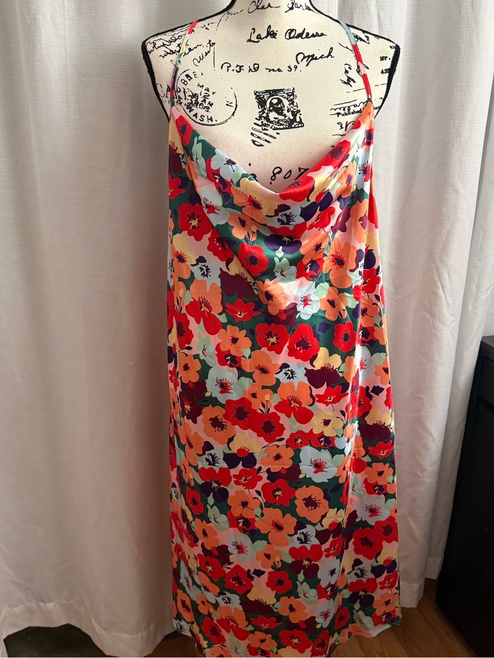 SHEIN Red & Orange Floral Cowl Midi Slip Dress